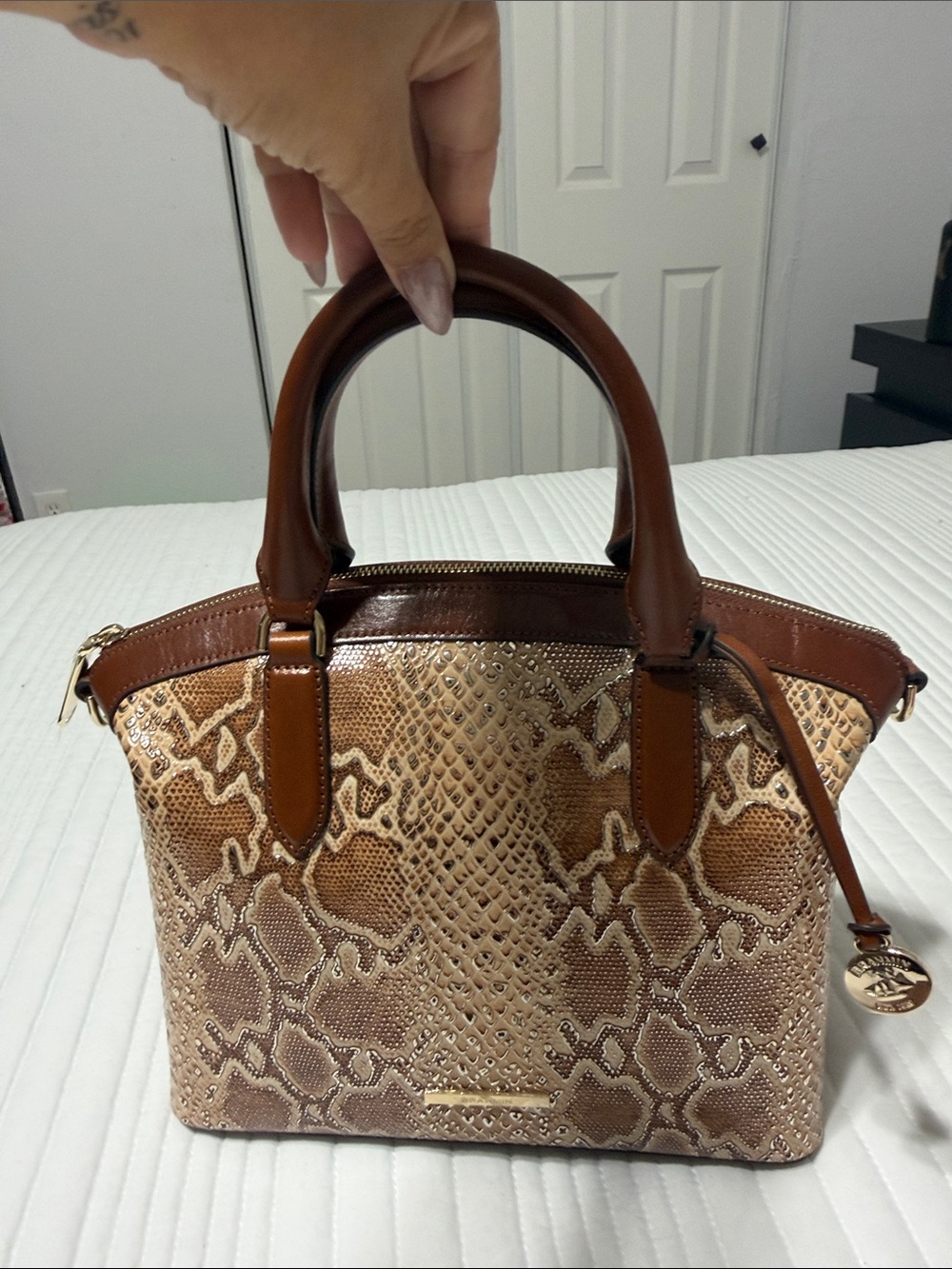 Brahmin Brown Leather Satchel with Tan Handles